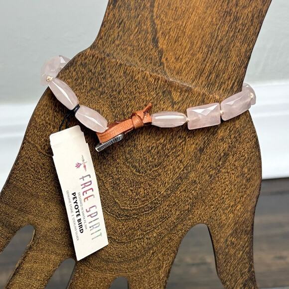 NWT Soft Pink Rose Quartz Beaded Chunky Boho Bracelet, Silver Bead Leather Loop - Picture 1 of 8